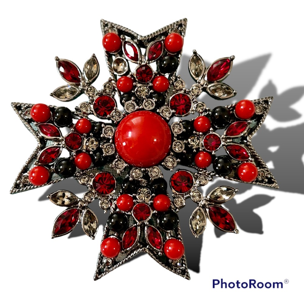 Vintage Joan Rivers Gripoix Red Black Glass Rhinestones Maltese Cross Gunmetal